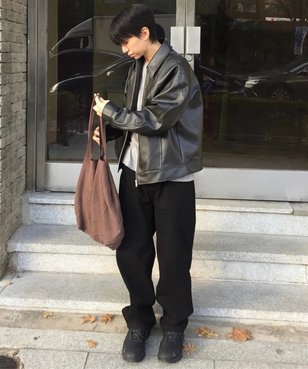 Leather Cropped Blouson Jacket [Black]