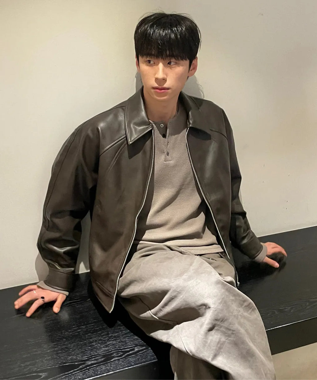 Leather Cropped Blouson Jacket [Brown]