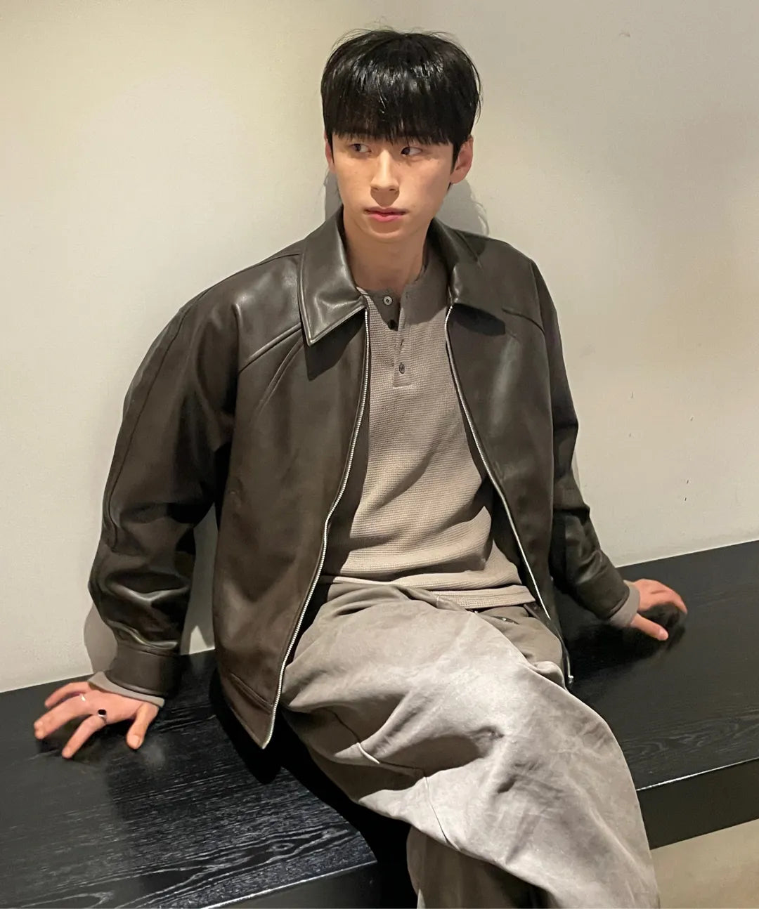 Leather Cropped Blouson Jacket [Brown]