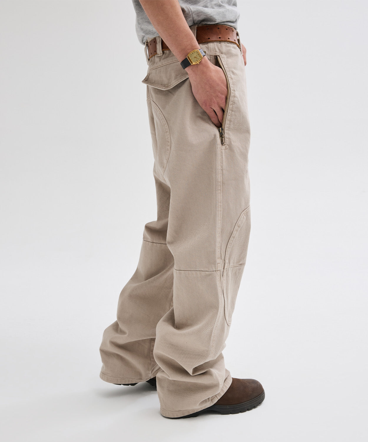 Side Zipper Garment Dyed Cargo Pants [Light Beige]