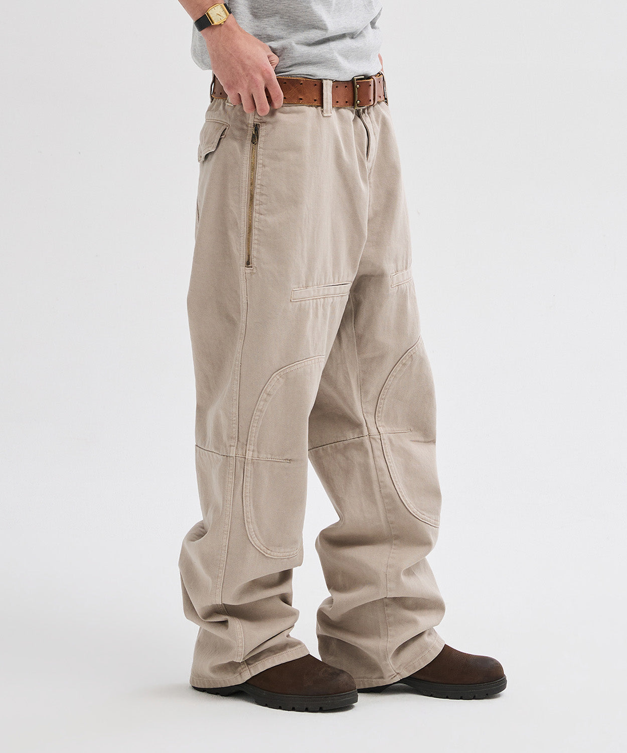 Side Zipper Garment Dyed Cargo Pants [Light Beige]