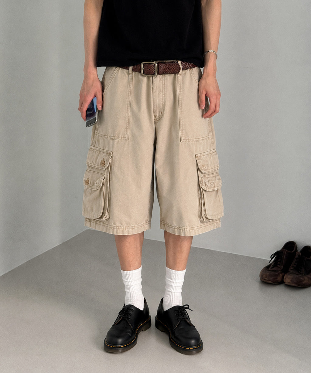 Cargo Pocket Washed Bermuda Shorts [Beige]