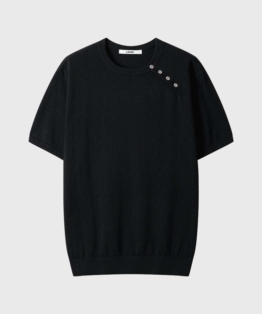 Diagonal Henley Neck Short Sleeve Knit [Black]