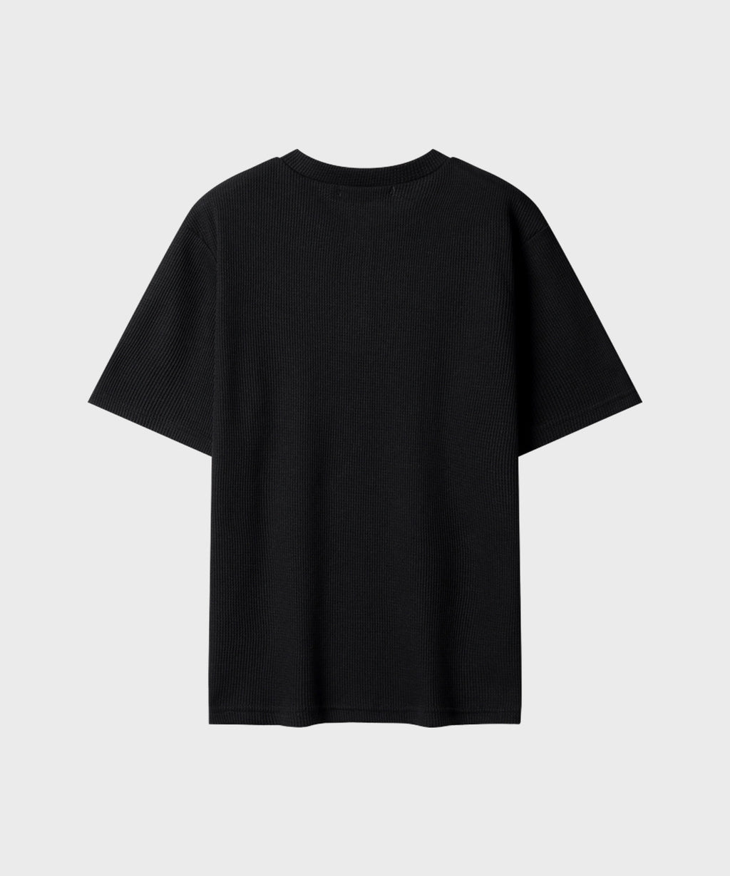 Waffle Henley Neck Semi-Crop T-Shirt [Black]