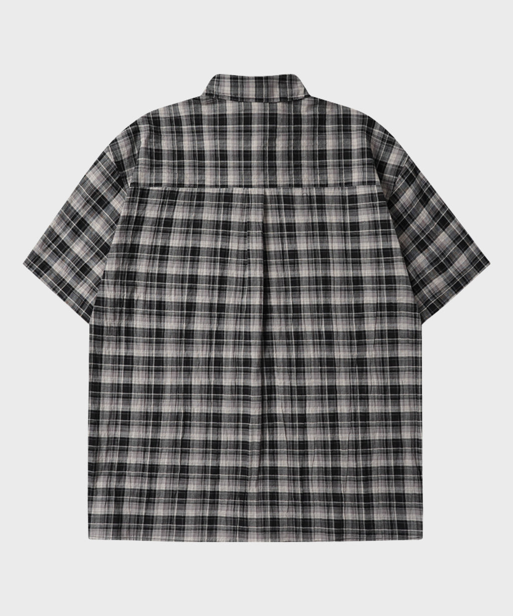 Seersucker Check Crop Short Sleeve Shirt [Black]