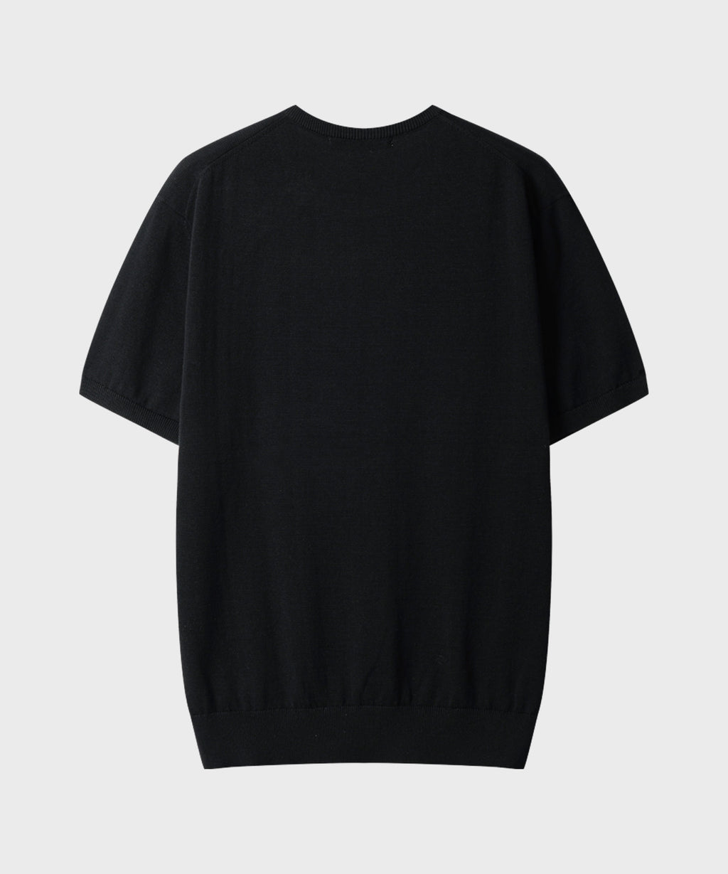 Diagonal Henley Neck Short Sleeve Knit [Black]
