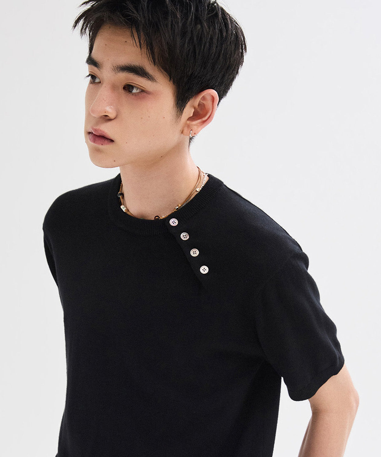 Diagonal Henley Neck Short Sleeve Knit [Black]