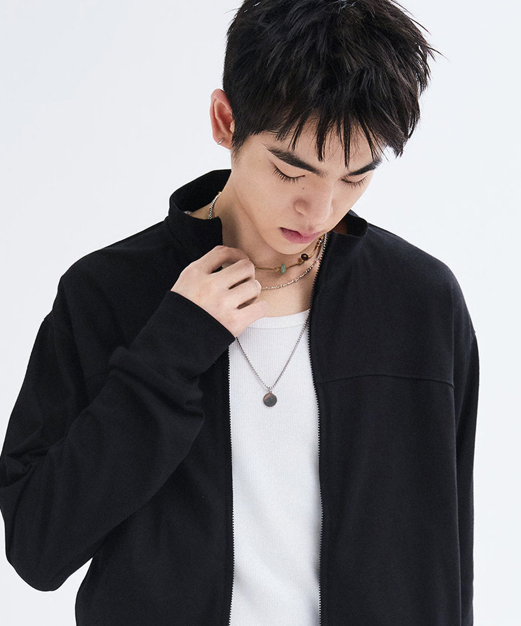 Slim Fit Light Jersey Zip-Up [Black]