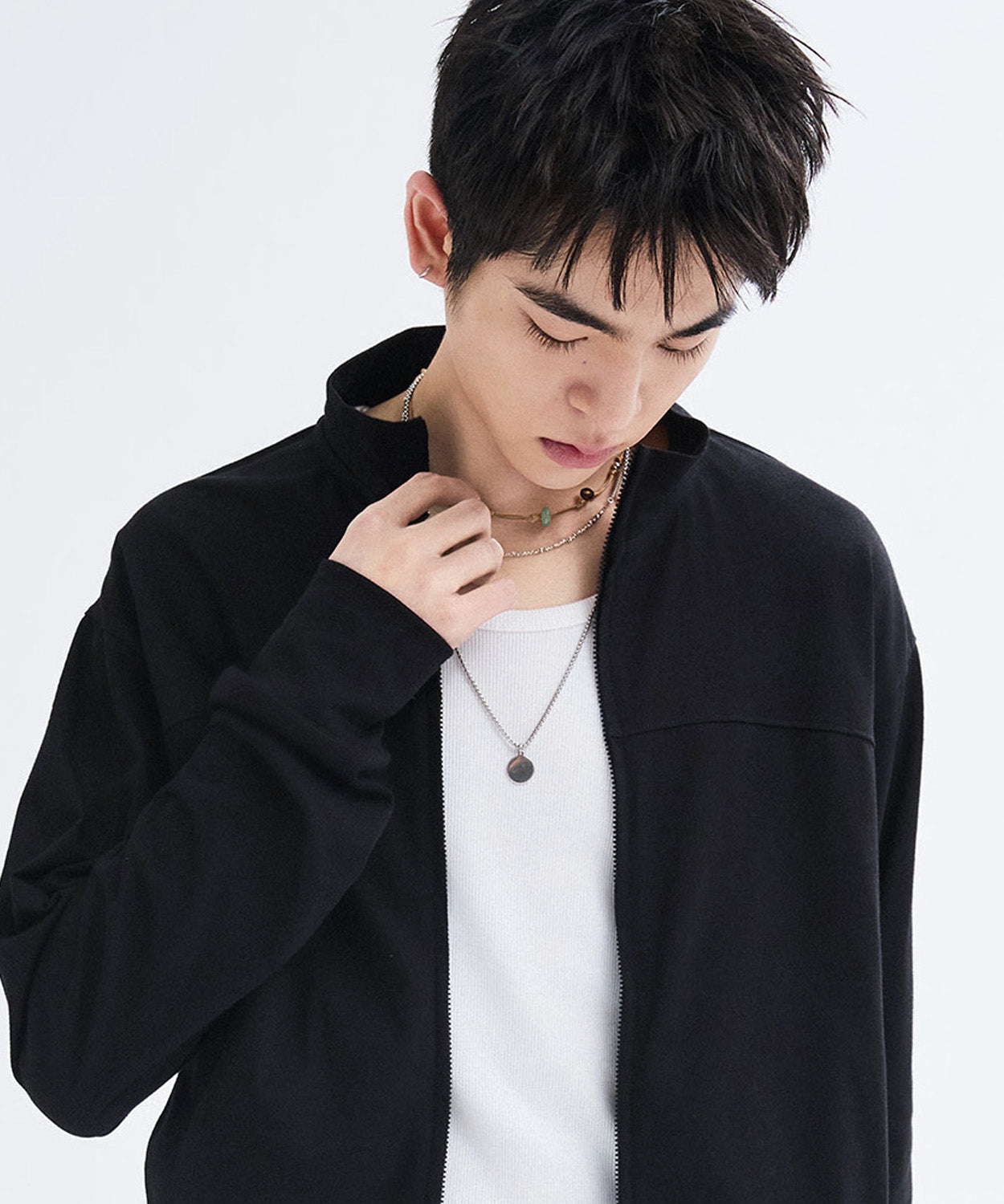 Slim Fit Light Jersey Zip-Up [Black]
