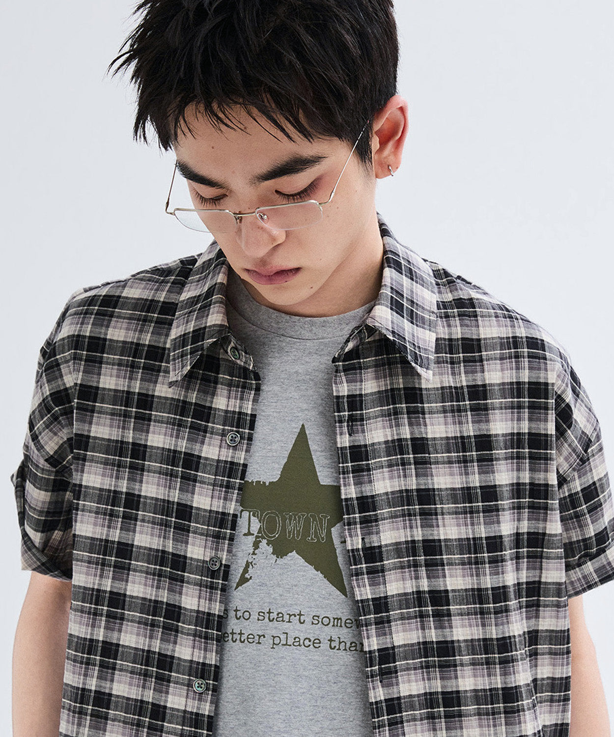 Seersucker Check Crop Short Sleeve Shirt [Black]