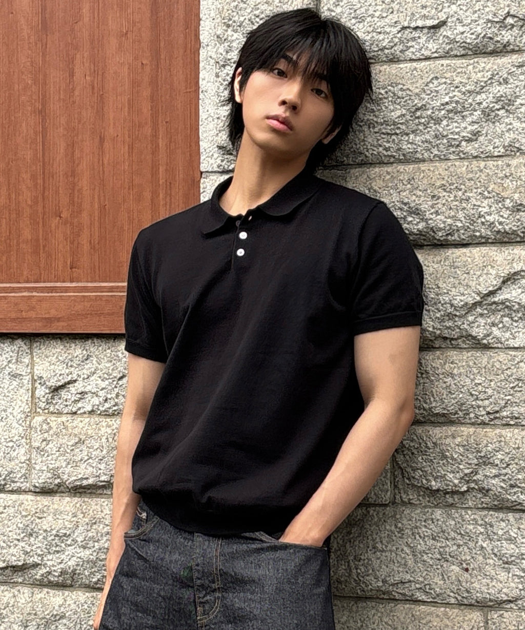 Muscle Fit Collar Short Sleeve Knit [Black]
