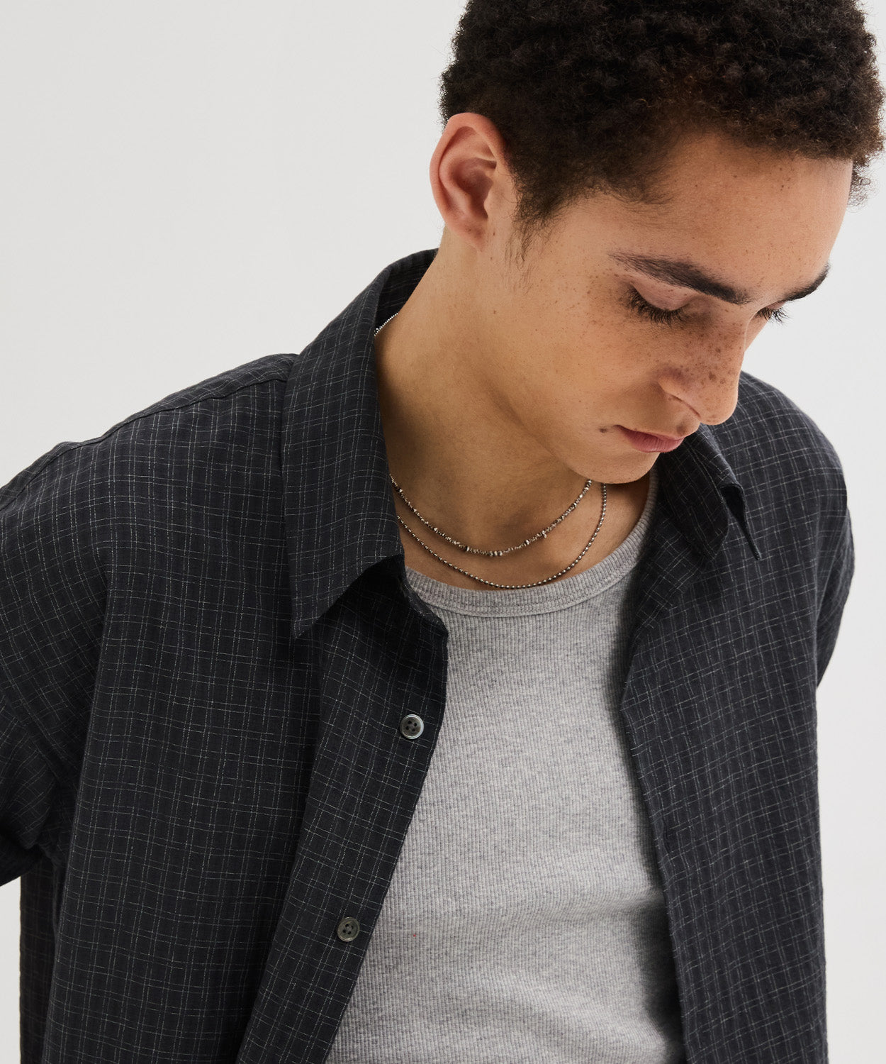Wrinkle Seersucker Mini Check Shirt [Black]