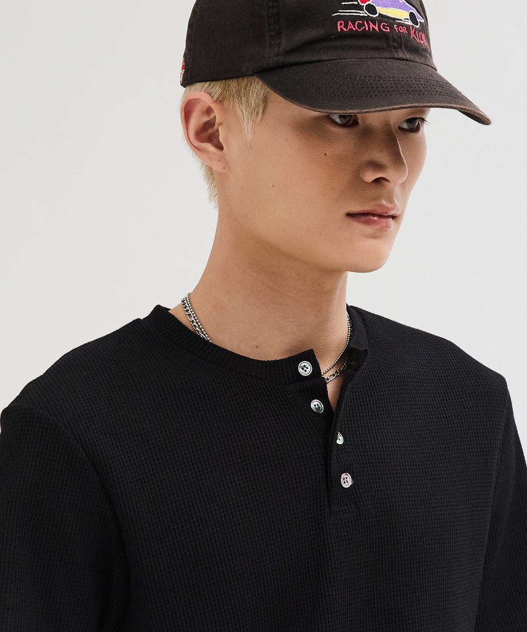 Waffle Henley Neck Semi-Crop T-Shirt [Black]