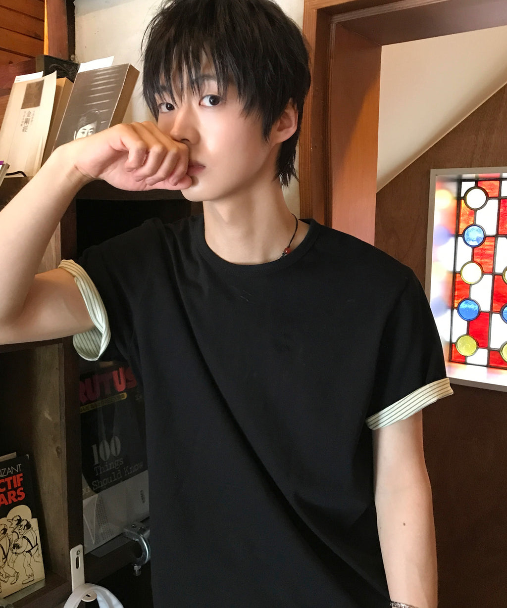 Stripe Layered Roll-Up T-Shirt [Black]