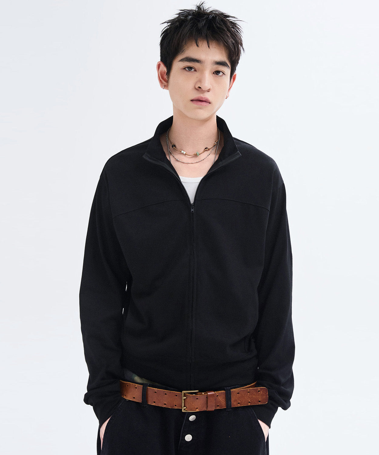 Slim Fit Light Jersey Zip-Up [Black]