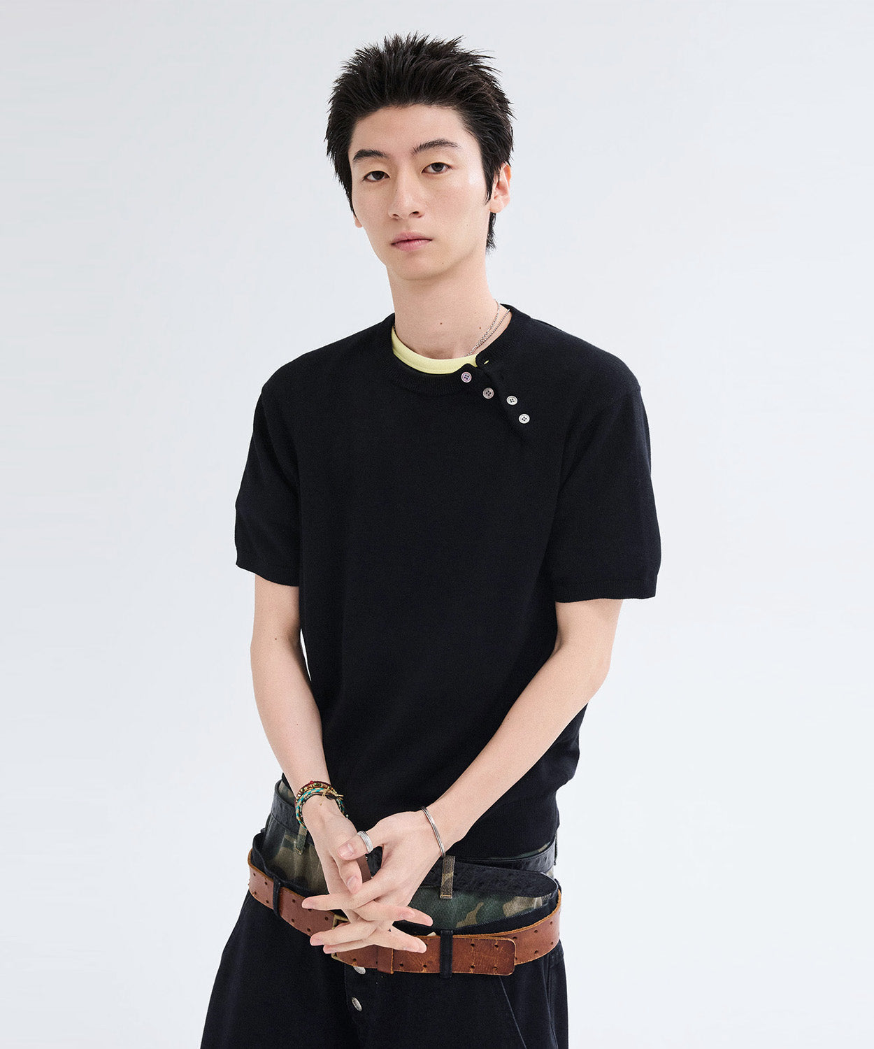 Diagonal Henley Neck Short Sleeve Knit [Black]