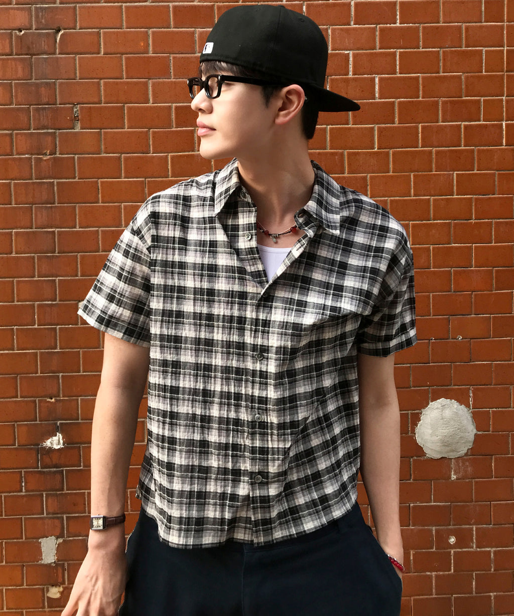 Seersucker Check Crop Short Sleeve Shirt [Black]