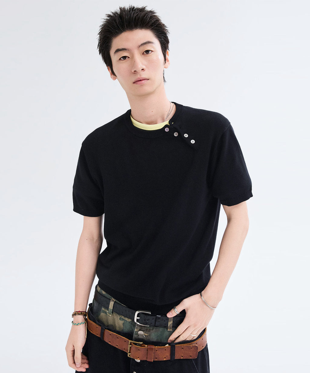 Diagonal Henley Neck Short Sleeve Knit [Black]