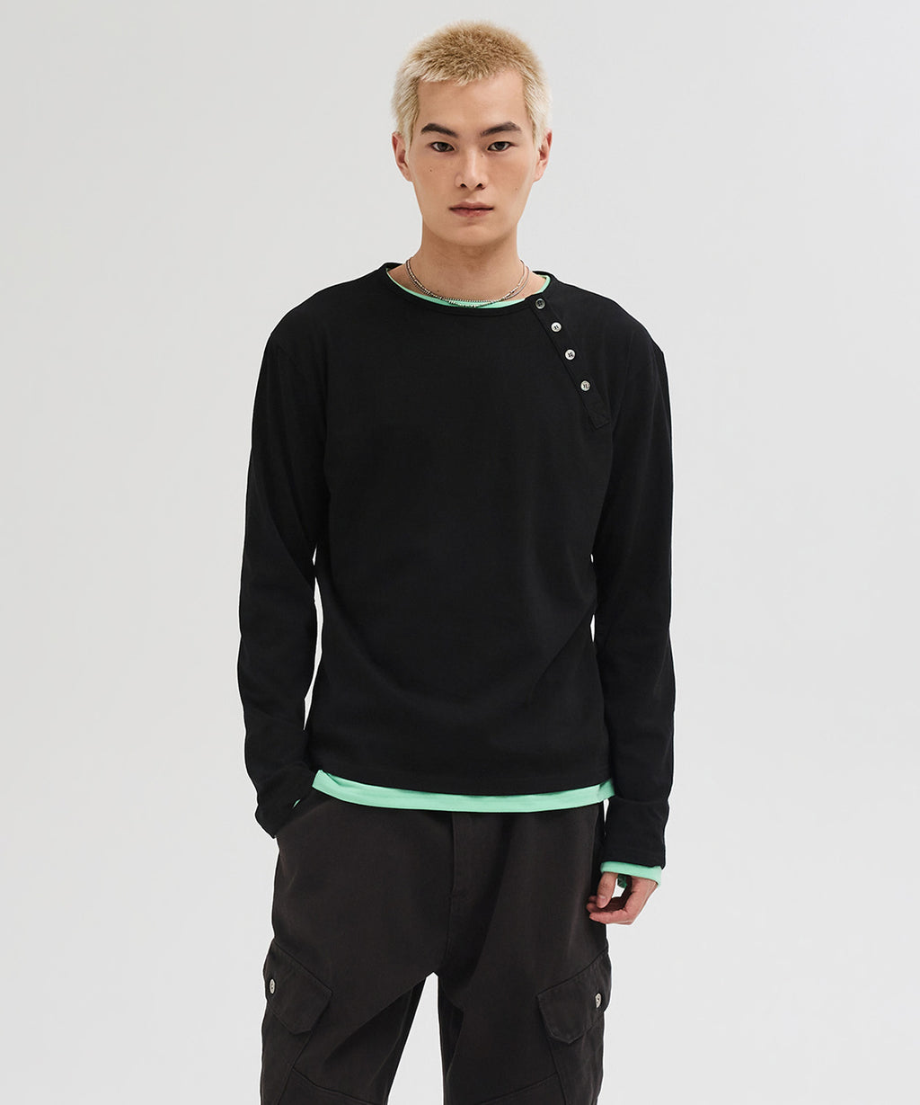 Diagonal Henley Neck Long Sleeve T-Shirt [Black]