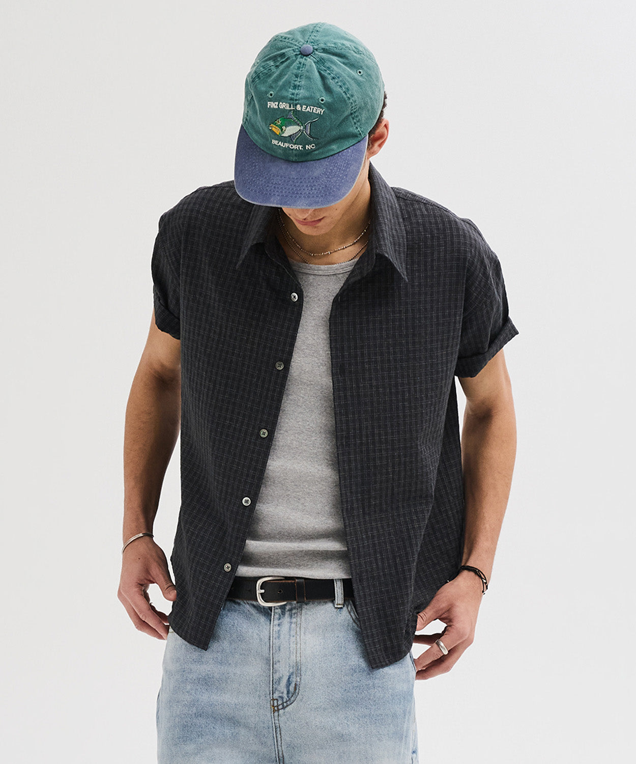 Wrinkle Seersucker Mini Check Shirt [Black]