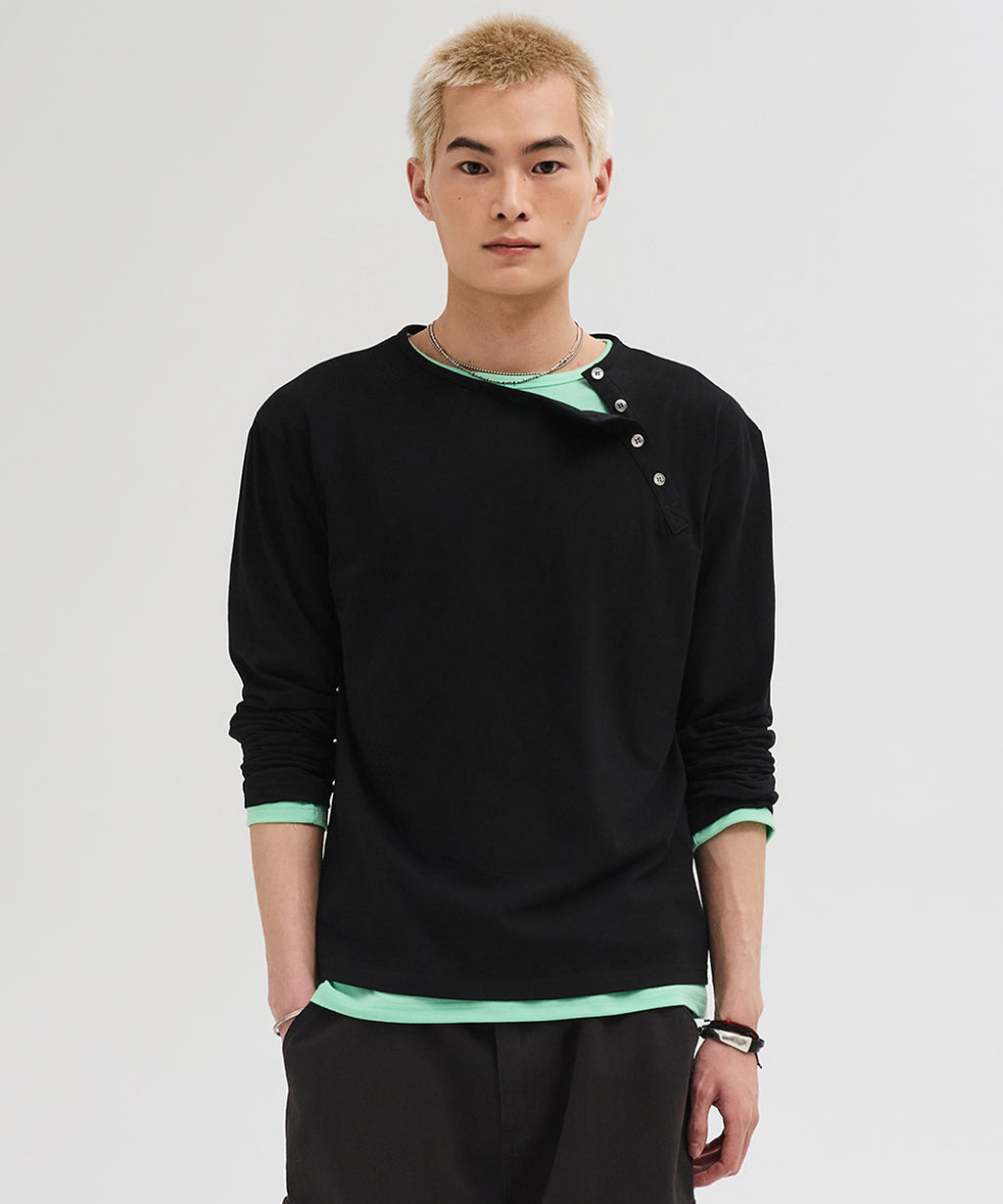 Diagonal Henley Neck Long Sleeve T-Shirt [Black]