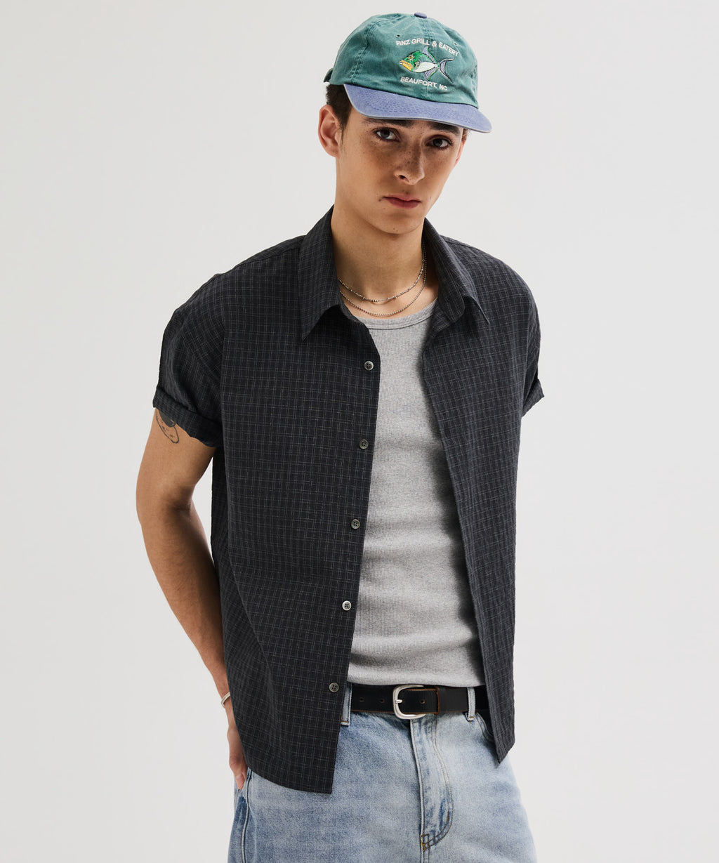 Wrinkle Seersucker Mini Check Shirt [Black]