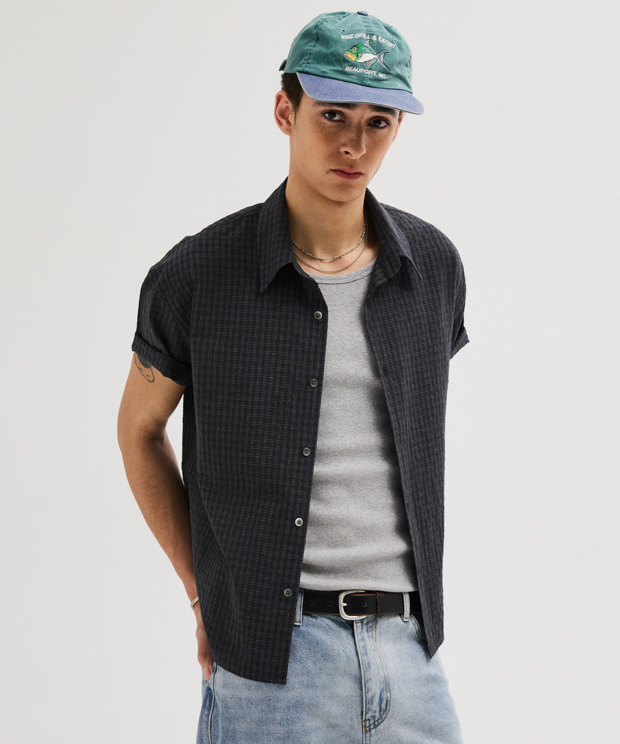 Wrinkle Seersucker Mini Check Shirt [Black]