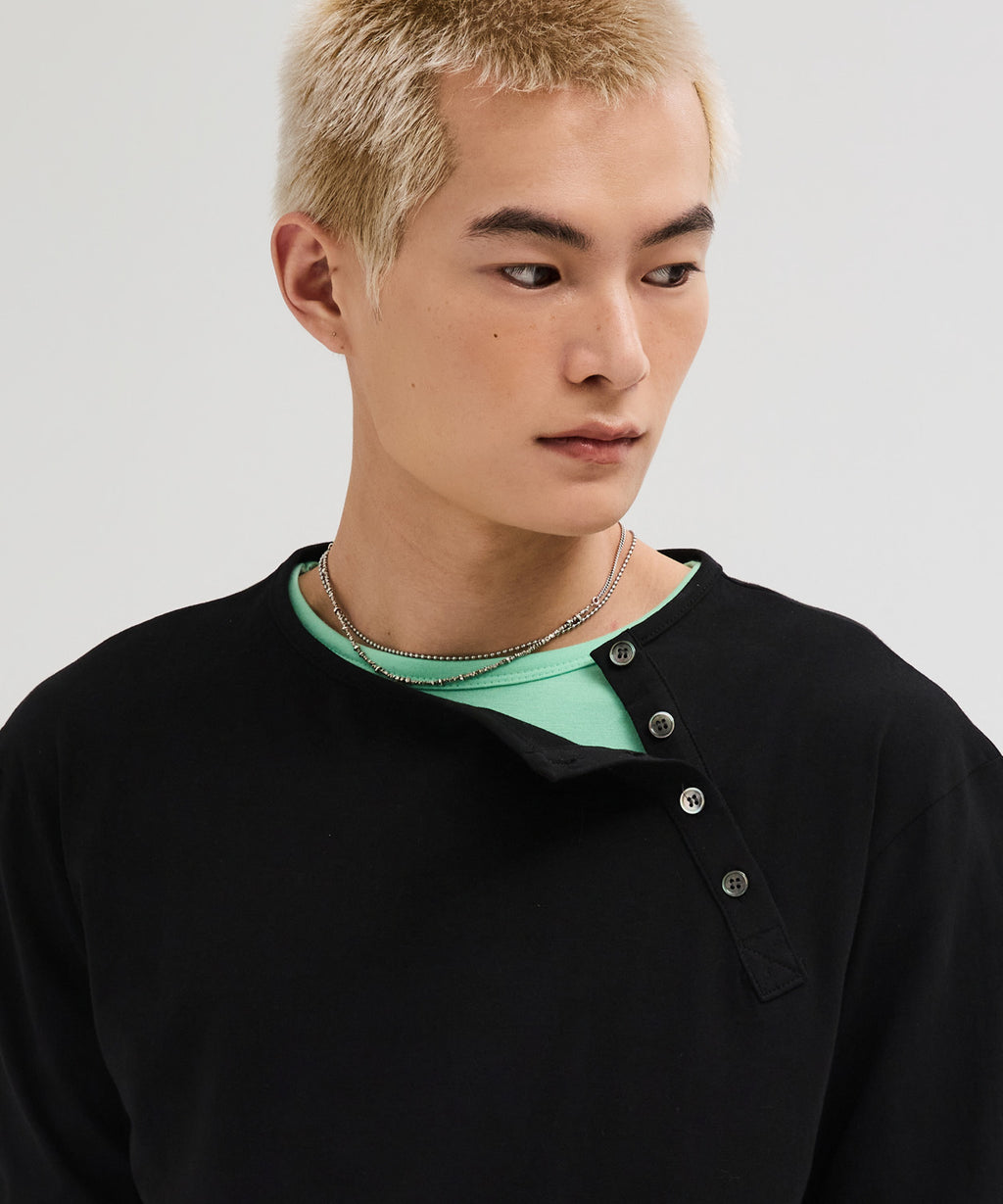 Diagonal Henley Neck Long Sleeve T-Shirt [Black]