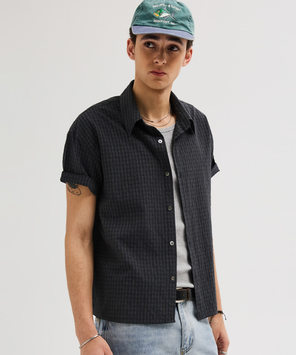 Wrinkle Seersucker Mini Check Shirt [Black]