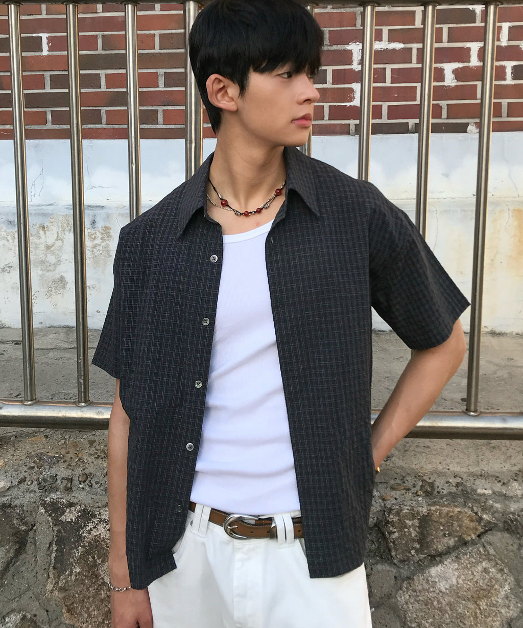 Wrinkle Seersucker Mini Check Shirt [Black]