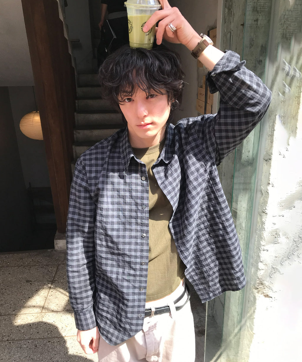 Seersucker Two-Tone Check Shirt [Black]