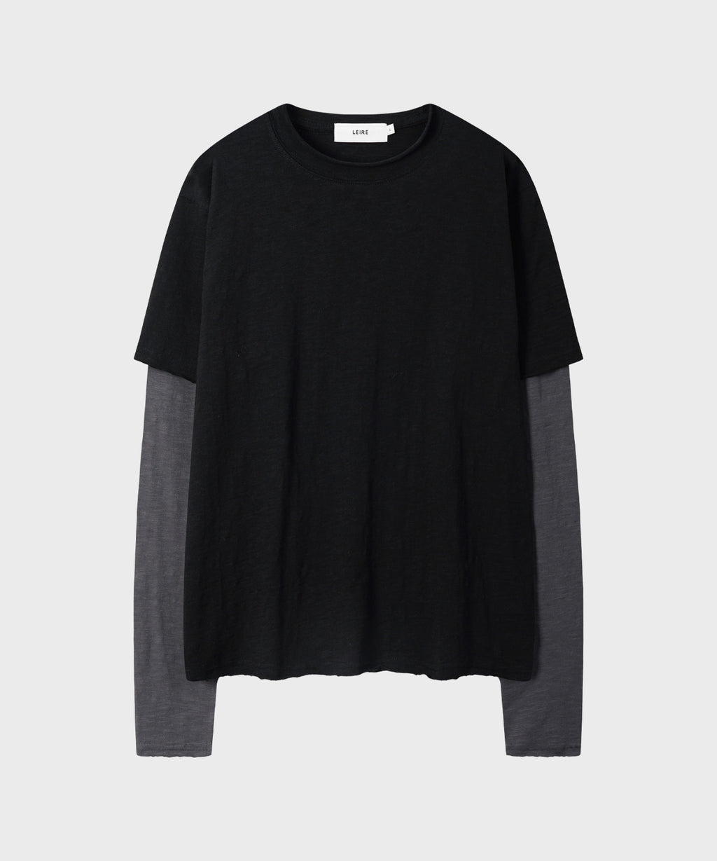 Cut-Off Layered Long Sleeve T-Shirt [Black]