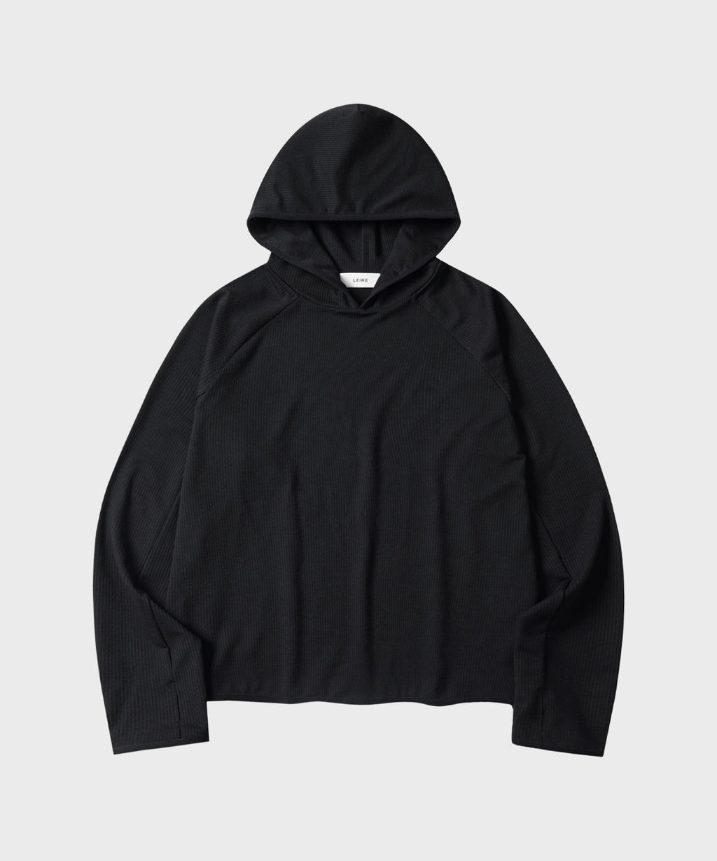 Ribbed Hooded Long Sleeve T-Shirt [Black]