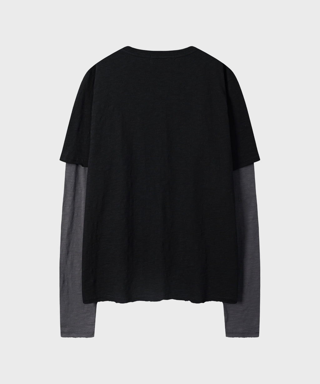 Cut-Off Layered Long Sleeve T-Shirt [Black]