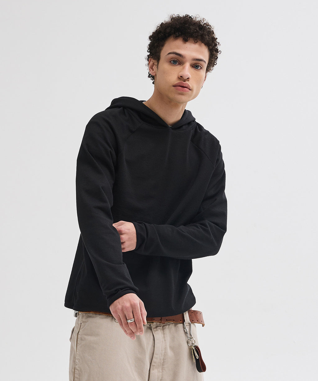Ribbed Hooded Long Sleeve T-Shirt [Black]