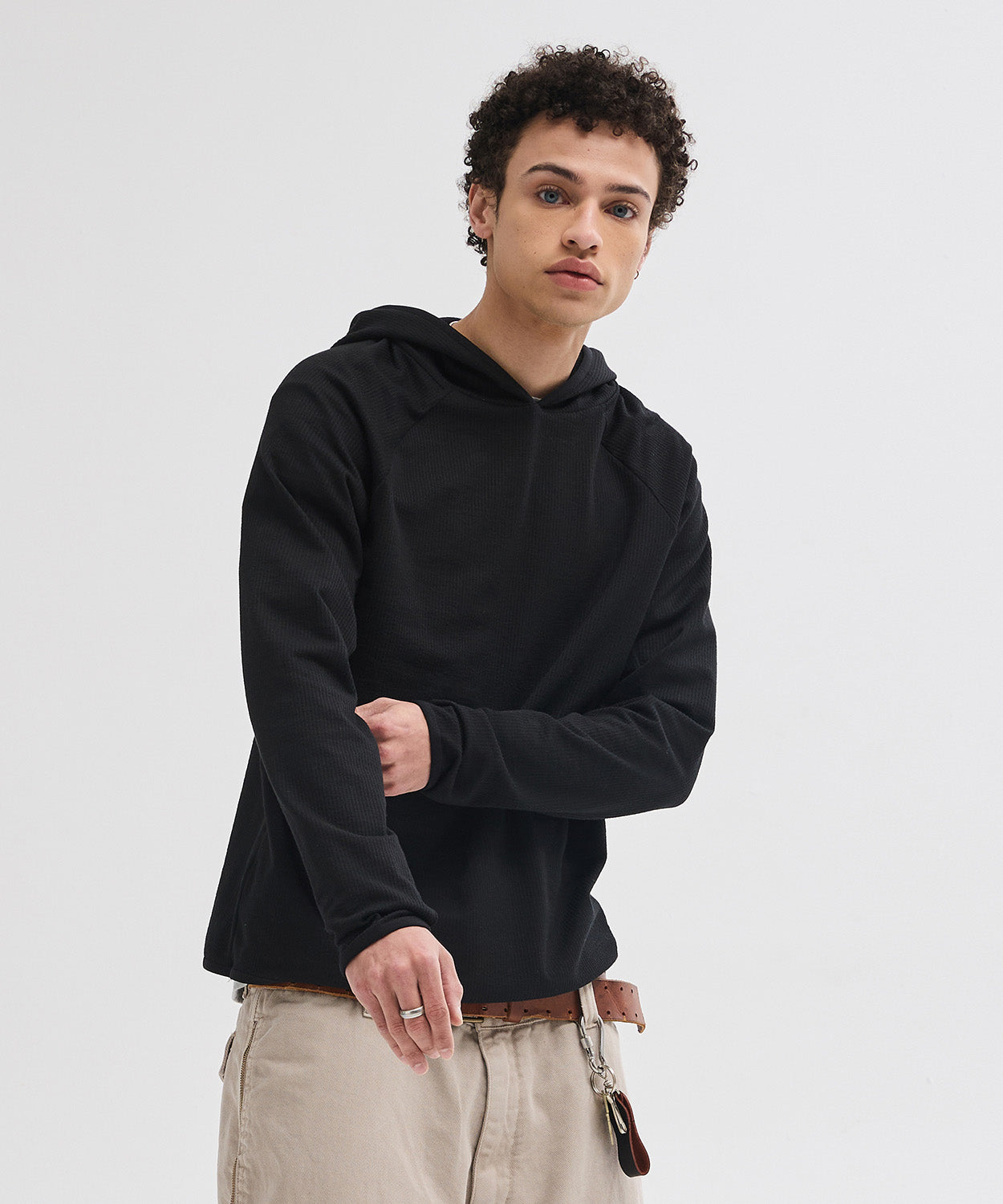 Ribbed Hooded Long Sleeve T-Shirt [Black]