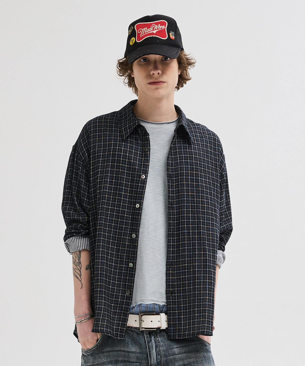 Double Layer Check Shirt [Black]