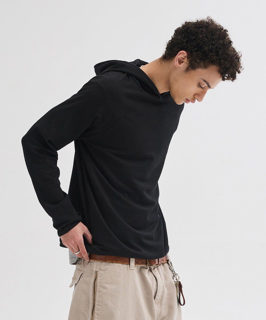Ribbed Hooded Long Sleeve T-Shirt [Black]