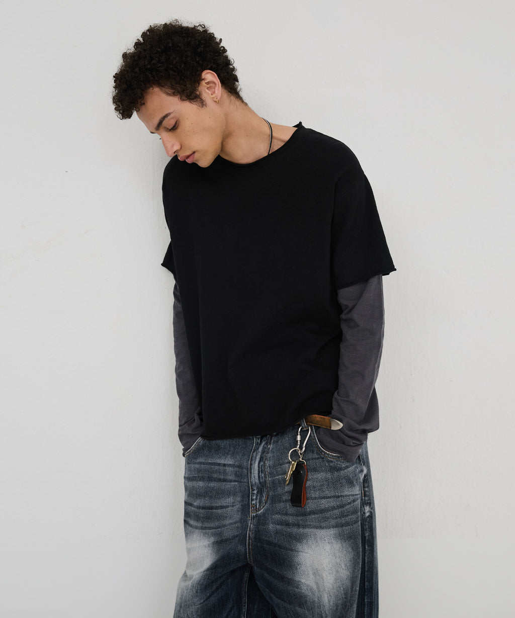 Cut-Off Layered Long Sleeve T-Shirt [Black]