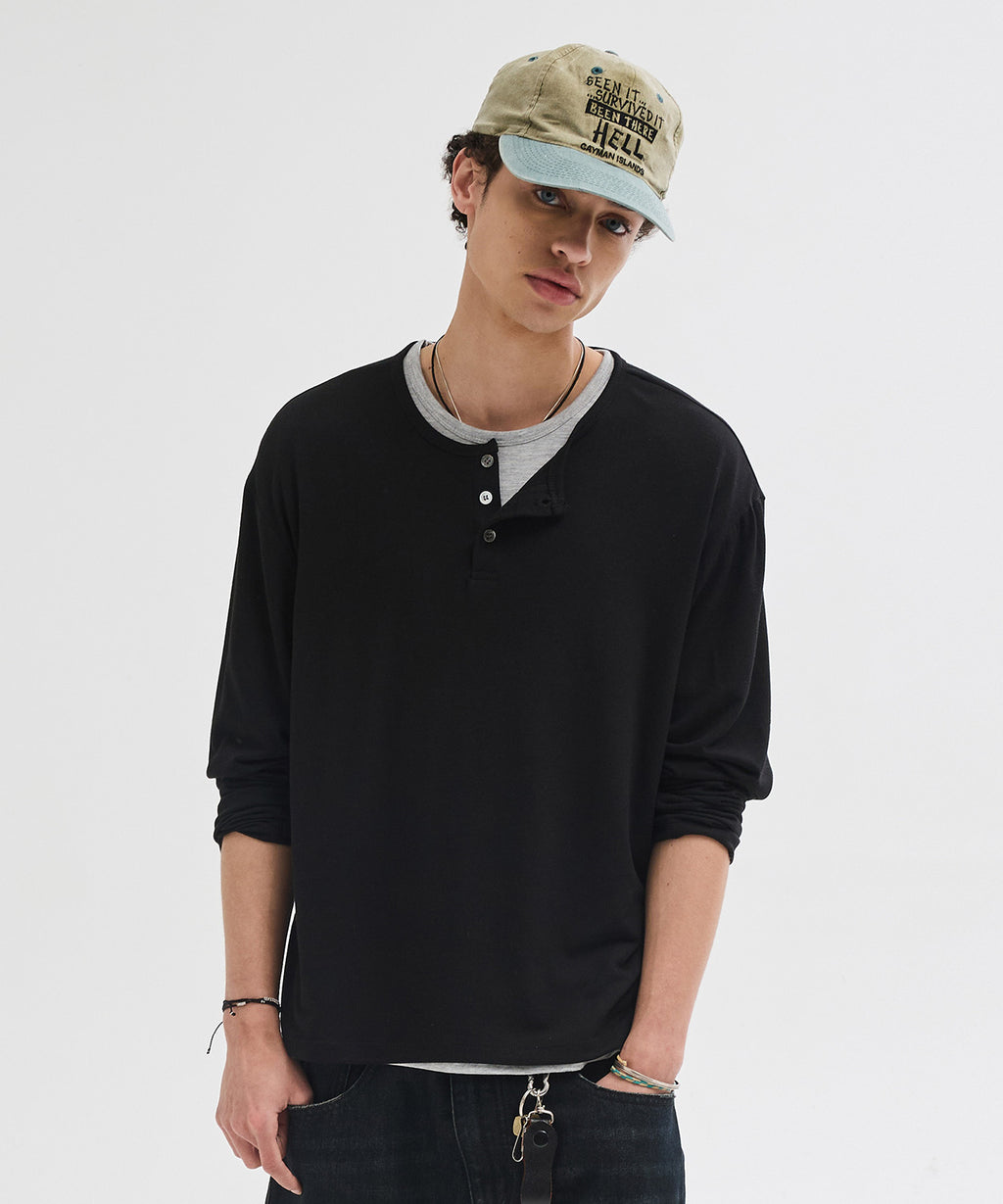 Soft Henley Neck Long Sleeve T-Shirt [Black]