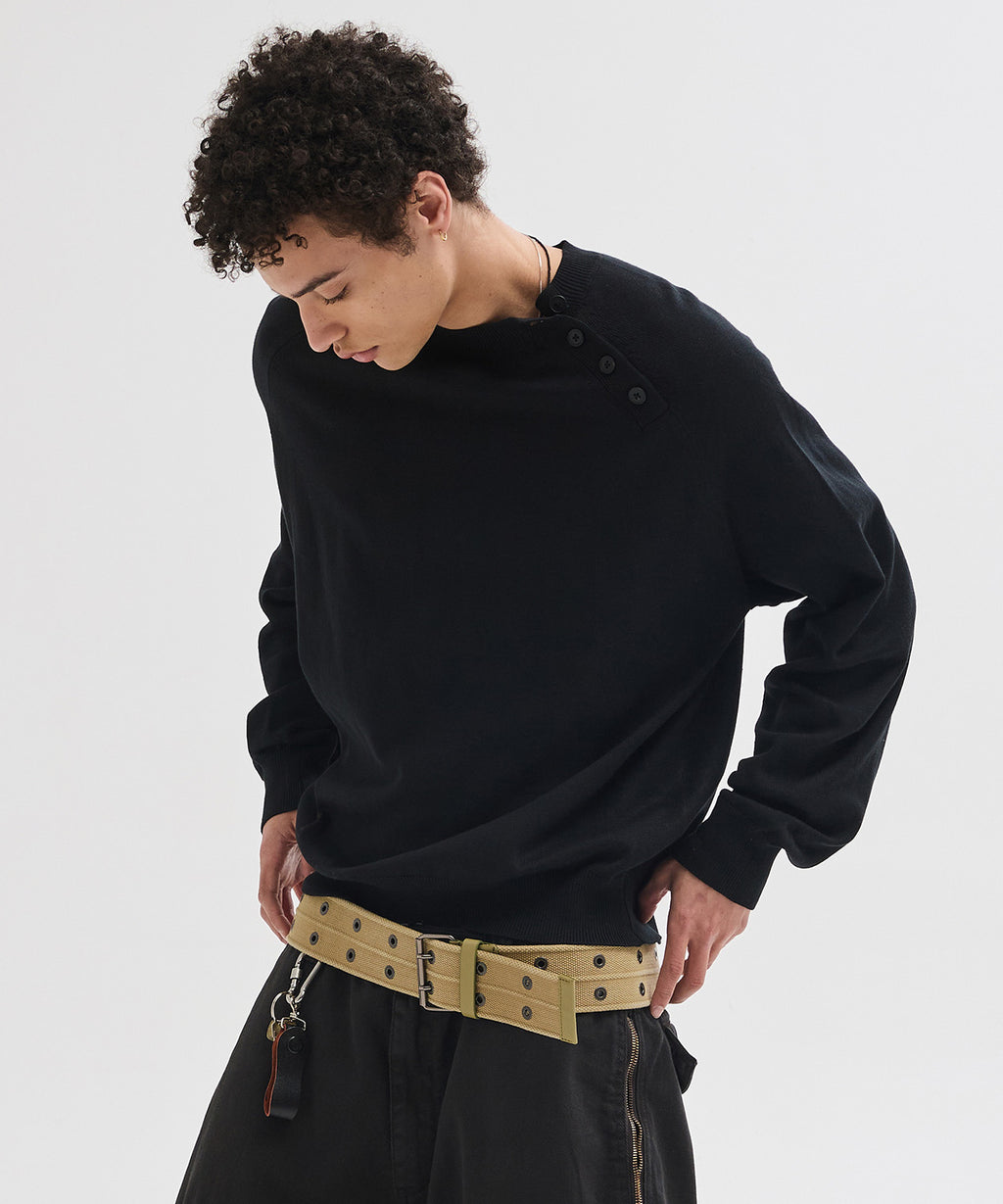 Diagonal Henley Neck Crop Knit [Black]