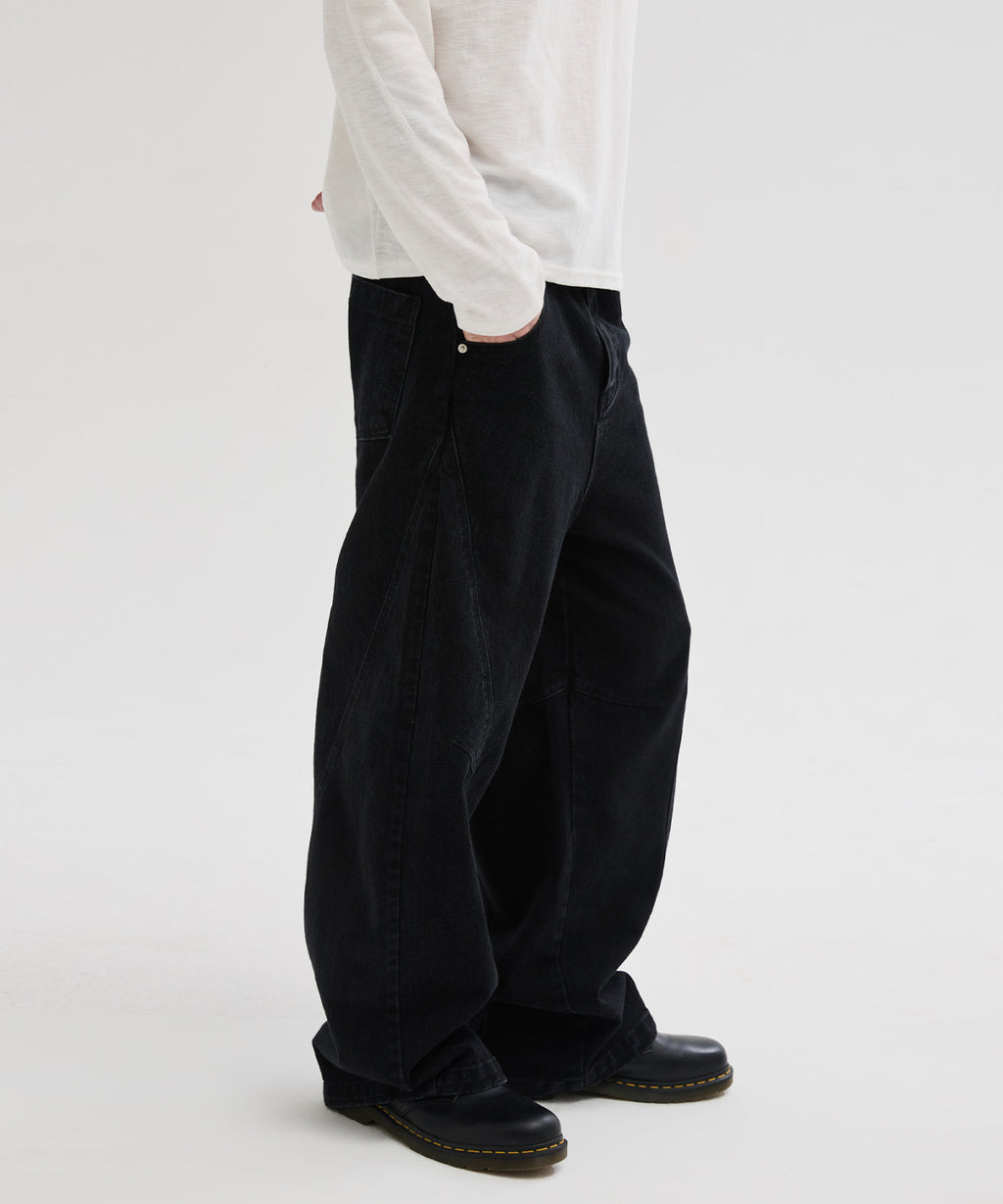 Curved Line Washed Pants [Black]