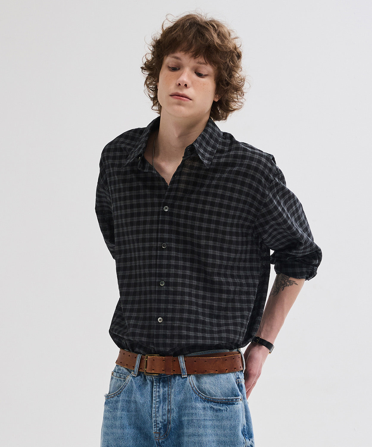 Seersucker Two-Tone Check Shirt [Black]