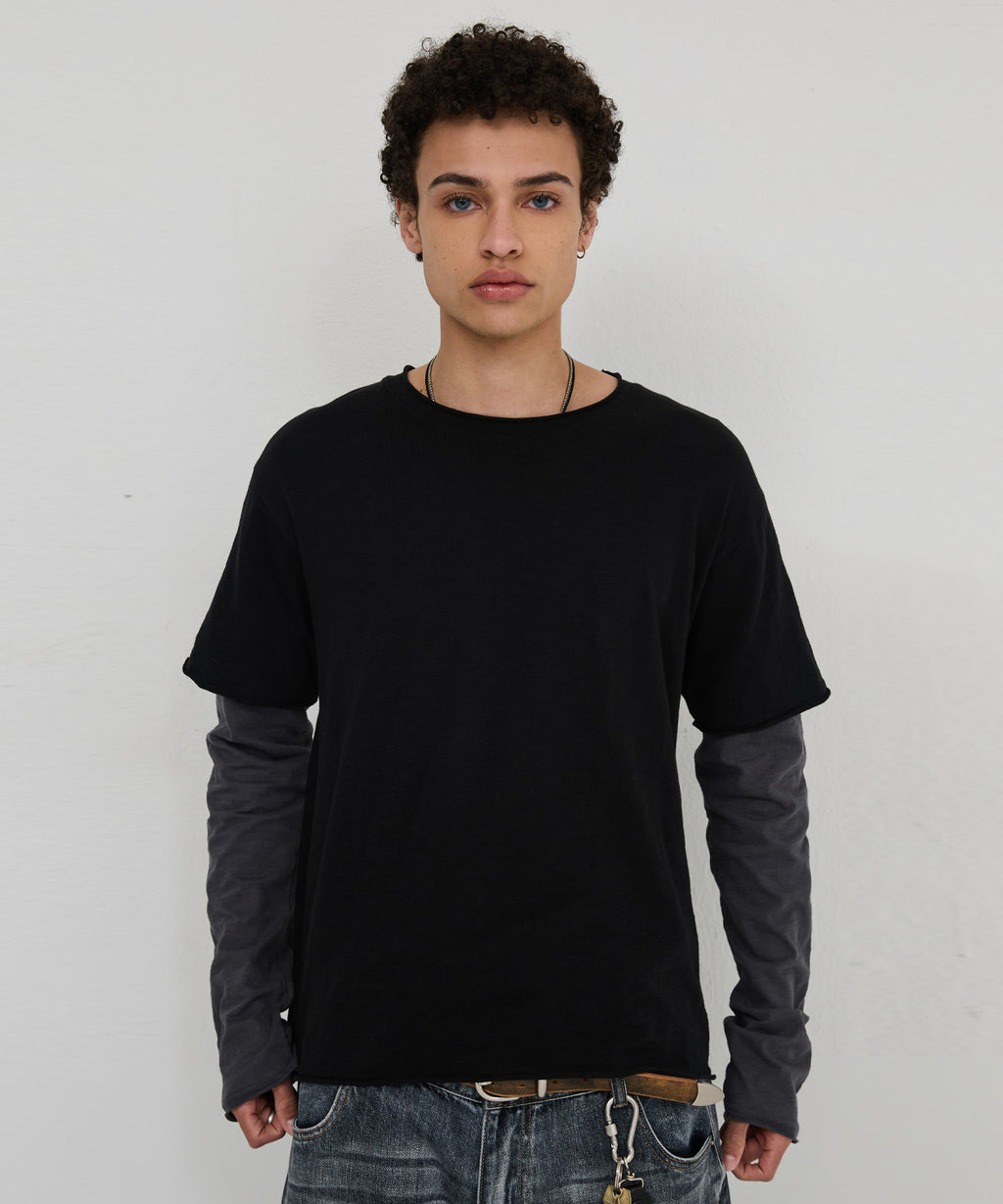 Cut-Off Layered Long Sleeve T-Shirt [Black]