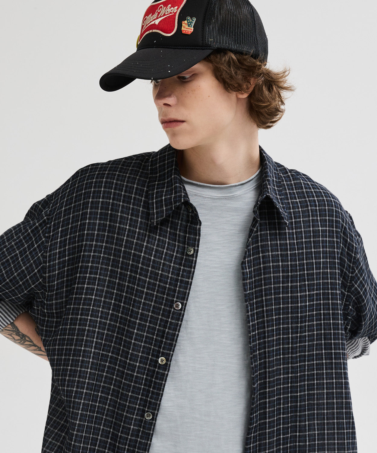 Double Layer Check Shirt [Black]