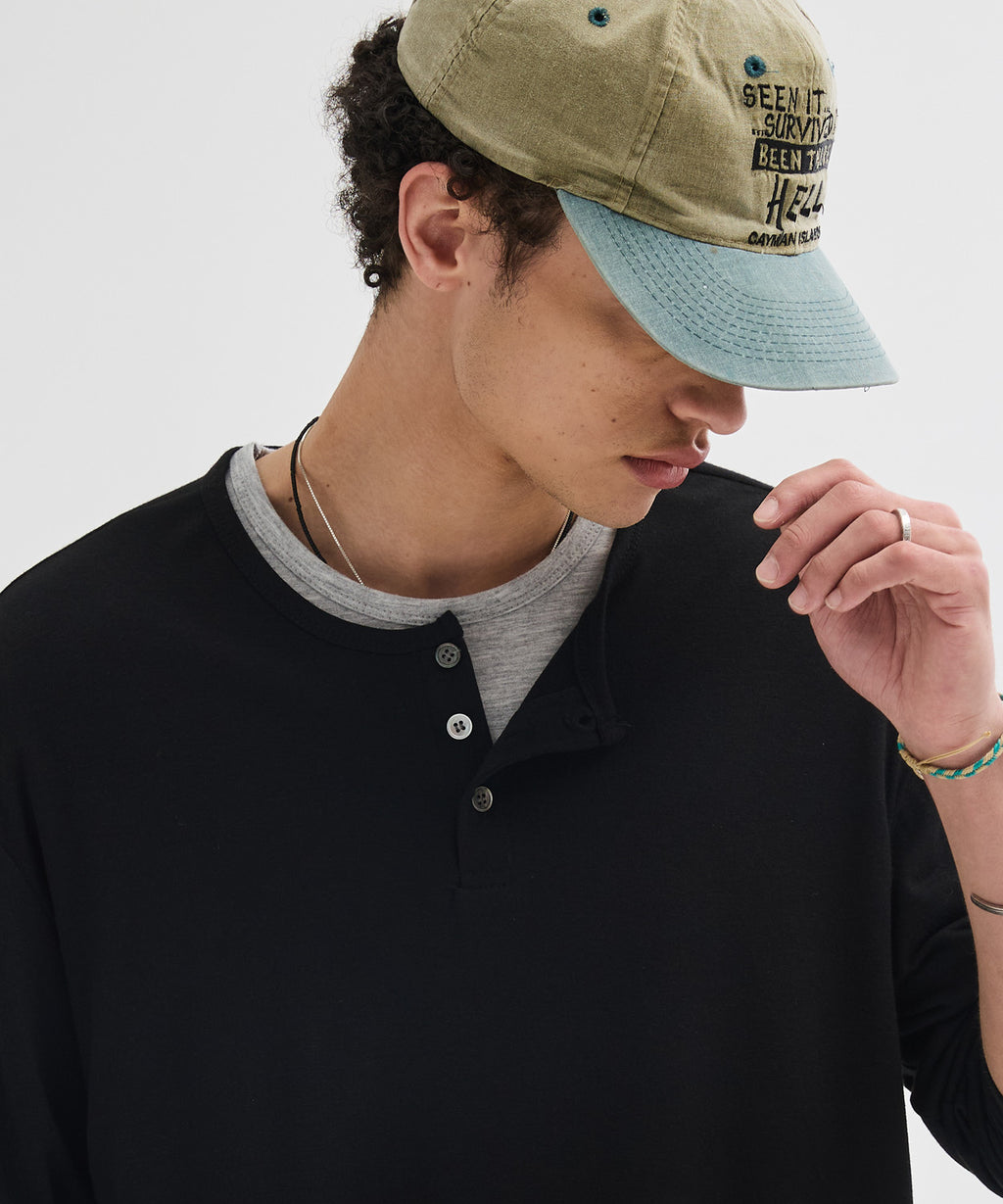 Soft Henley Neck Long Sleeve T-Shirt [Black]