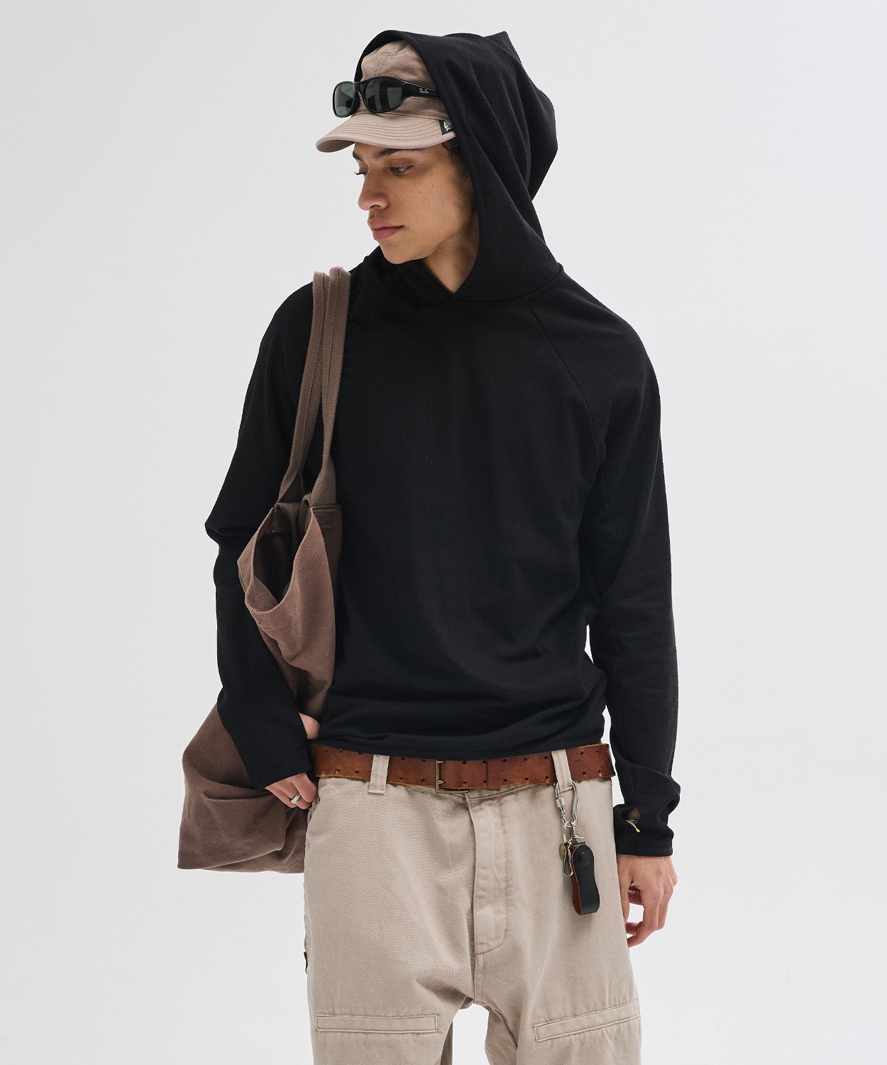 Ribbed Hooded Long Sleeve T-Shirt [Black]