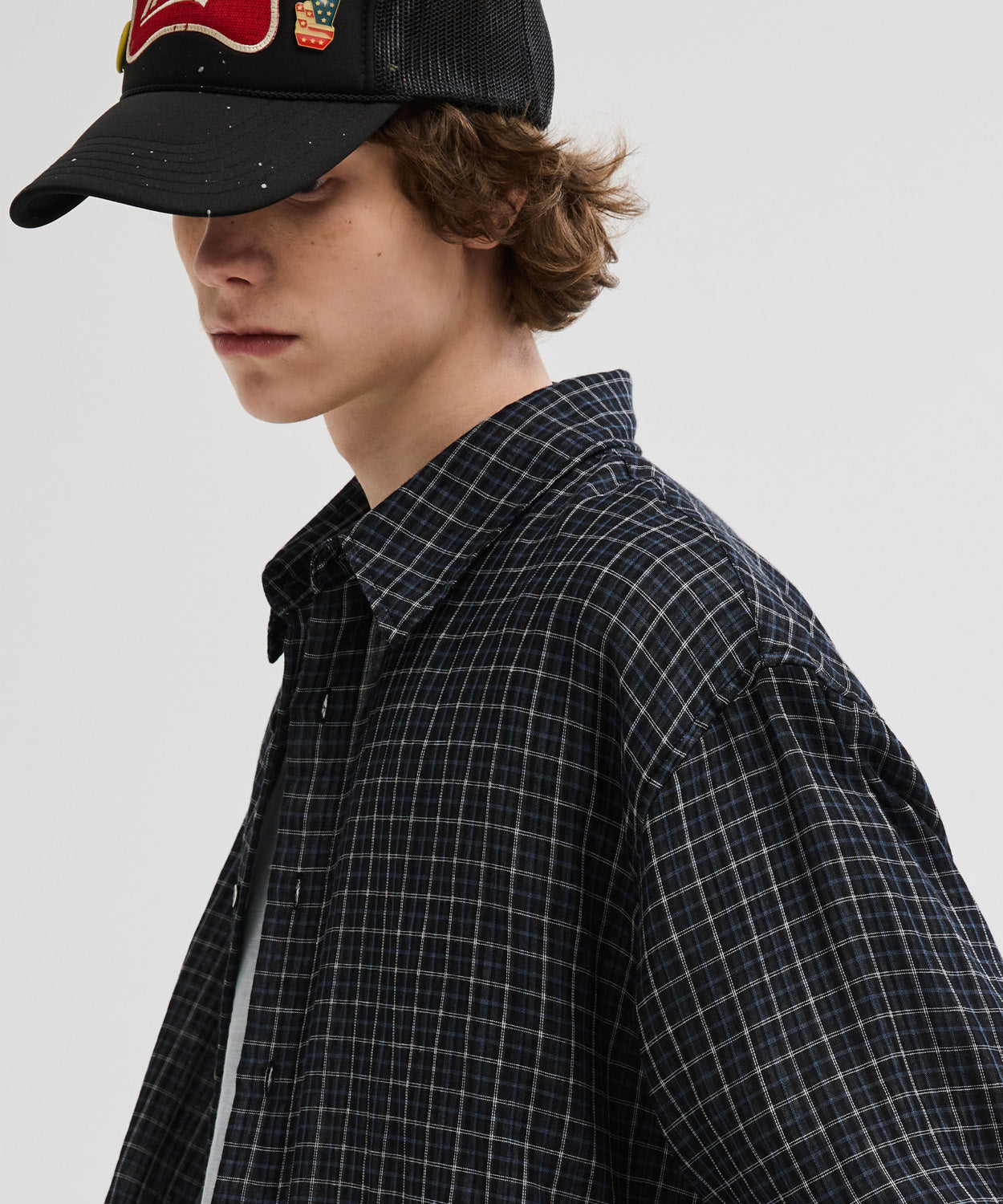 Double Layer Check Shirt [Black]