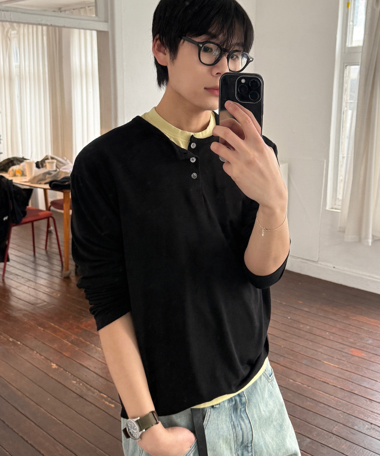Soft Henley Neck Long Sleeve T-Shirt [Black]