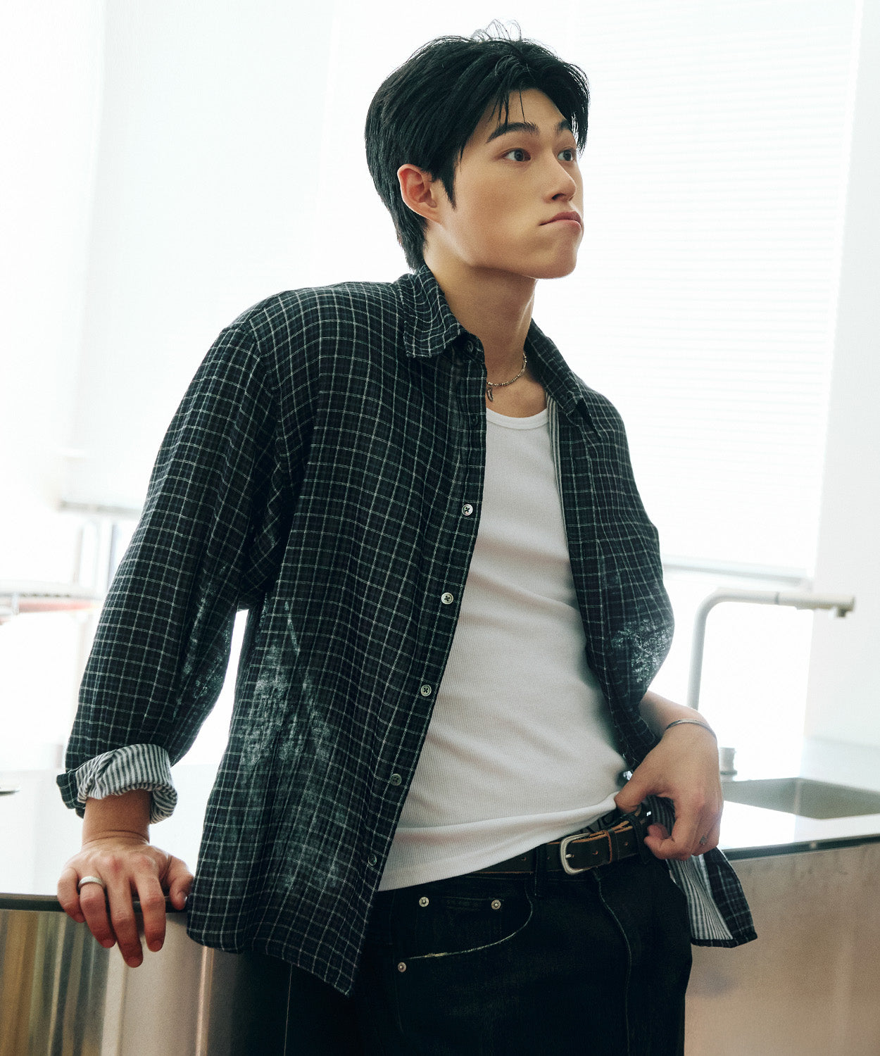 Double Layer Check Shirt [Black]